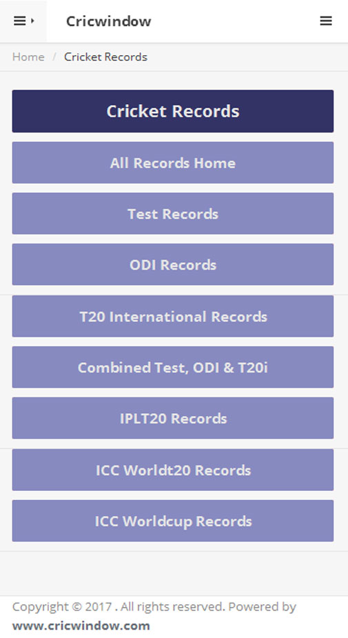 Cricwindow Mobile Application Records page